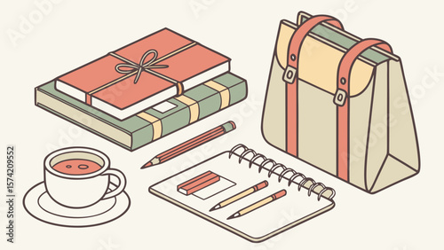 School supplies and a cup of coffee arranged on a white background isolated on white background