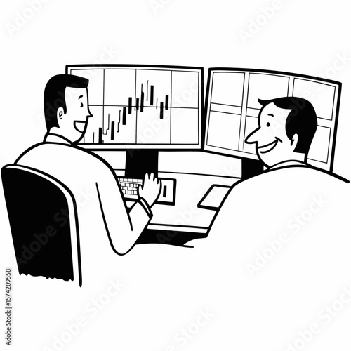 Two men traders sitting at desk at office together monitoring stocks data candle charts on screen analyzing price flow smiling cheerful having profit teamwork concept