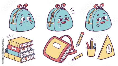 Cute cartoon school supplies and backpacks with faces isolated on white background