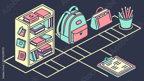 Collection of school supplies including books backpack and stationery isolated on black background