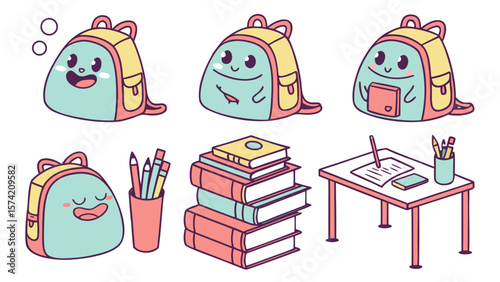 Cute kawaii backpacks books and desk supplies isolated on white background