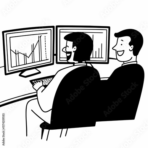 Two men traders sitting at desk at office together monitoring stocks data candle charts on screen analyzing price flow smiling cheerful having profit teamwork concept