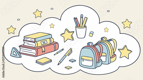 Collection of school supplies including books backpacks and stationery isolated on white background