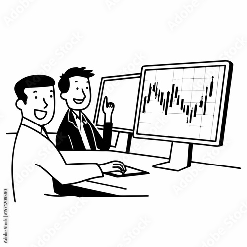 Two men traders sitting at desk at office together monitoring stocks data candle charts on screen analyzing price flow smiling cheerful having profit teamwork concept