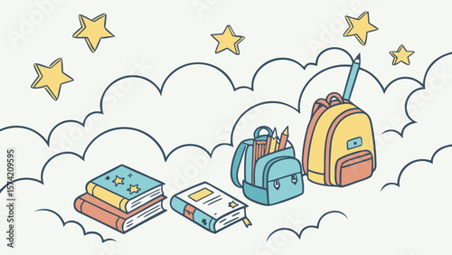 Cute cartoon school supplies and stars isolated on white background