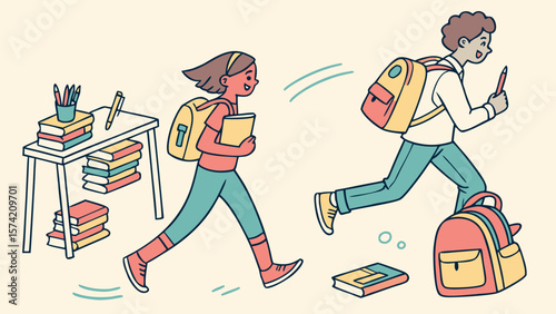 Two happy children with backpacks running to school with books isolated on white background