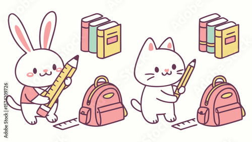 Cute cartoon bunny and cat with school supplies isolated on white background