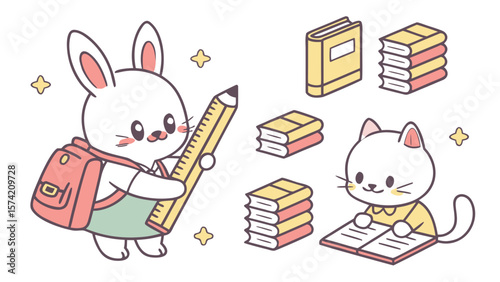 Cute cartoon bunny and cat with books and pencil isolated on white background