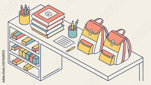 Colorful school supplies and backpacks arranged on a desk isolated on white background