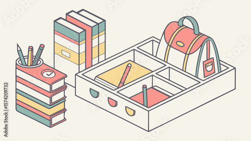 Isometric illustration of school supplies and books isolated on white background
