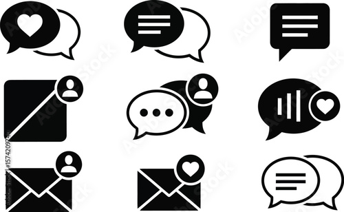 Illustration of various black and white message and notification icons