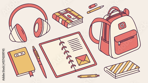 Collection of school supplies and accessories isolated on white background