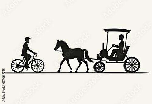 Witness a captivating scene of contrasting mobility: a cyclist alongside a horse-drawn carriage, representing the evolution of transportation from traditional to modern, a dynamic visual for understan