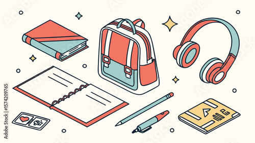 Collection of school supplies including a backpack headphones books and pens isolated on white background