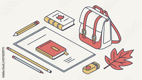 School supplies arranged in isometric view isolated on white background