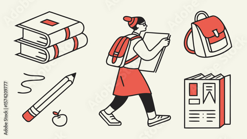 Student with backpack and books pencil and apple isolated on white background