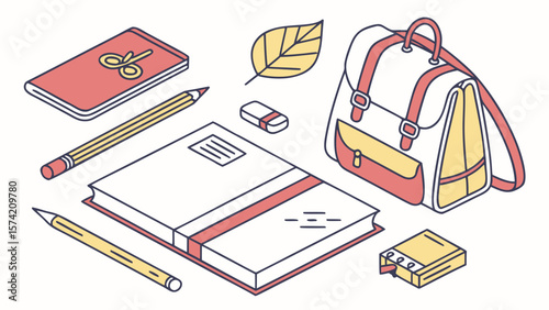 Collection of school supplies including a backpack books pencils and eraser isolated on white background