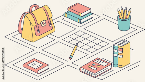 School supplies arranged on a grid with books backpack pencils and a notebook isolated on white background