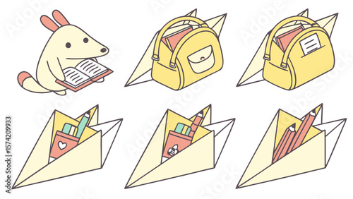 Cute cartoon character with school supplies and bags isolated on white background