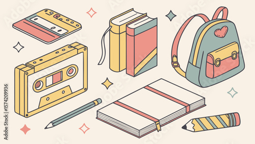 Retro school supplies and cassette tapes isolated on white background