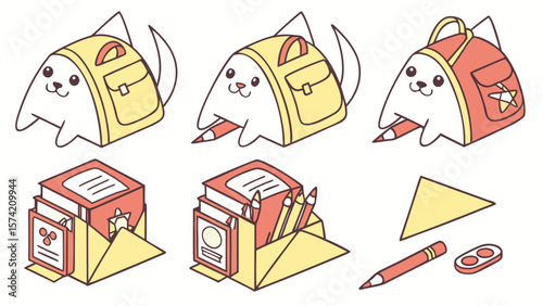 Cute cartoon cat characters with backpacks and school supplies isolated on white background