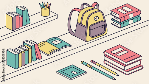 Colorful school supplies including books and a backpack on shelves isolated on white background