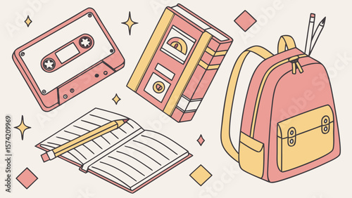 Retro school supplies including a cassette tape and backpack isolated on white background
