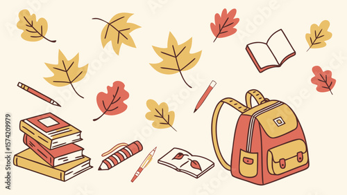 Autumn school supplies including books pens and a backpack isolated on white background