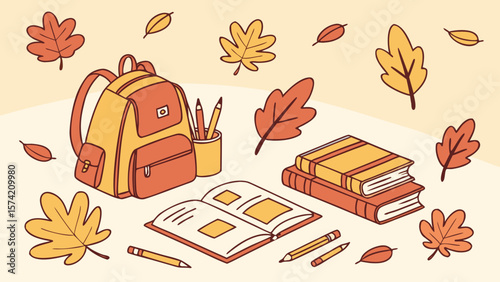 Autumn school supplies including backpack books pencils and leaves isolated on white background