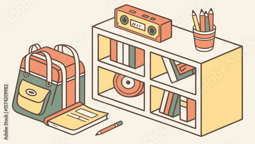 Retro school supplies including a backpack books and radio isolated on white background