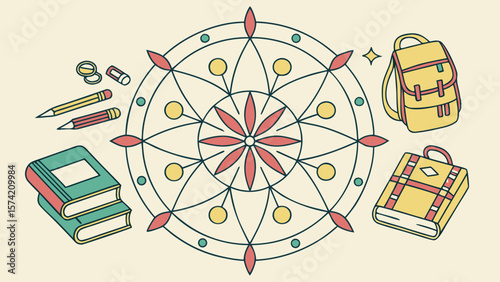 School supplies and geometric design isolated on white background