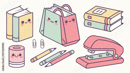 Cute kawaii stationery items including books pencils and stapler isolated on white background