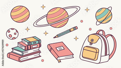 Cute school supplies and planets illustration isolated on white background