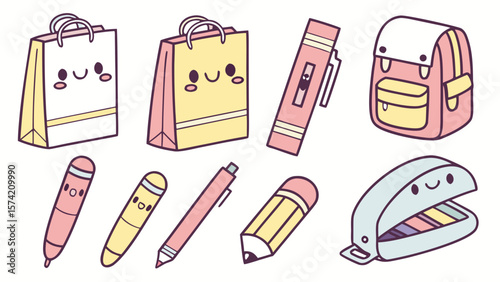 Cute kawaii school supplies and shopping bags isolated on white background