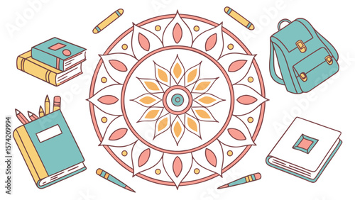 Collection of school supplies and mandala design isolated on white background