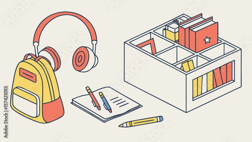 School supplies including backpack headphones books and stationery isolated on white background