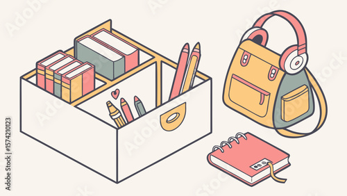 School supplies organized in a desk caddy with a backpack and notebook isolated on white background