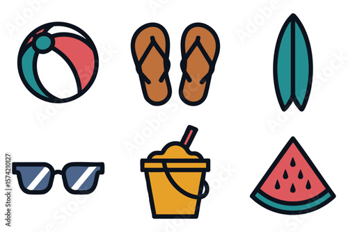 Summer Vacation Icons: Beach Ball, Flip Flops, Surfboard, Sunglasses, Sand Bucket, Watermelon
