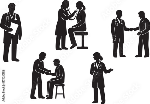 Doctor and Patient Silhouette Set – Healthcare Interaction Icons for Medical Infographics & Clinical Design Assets