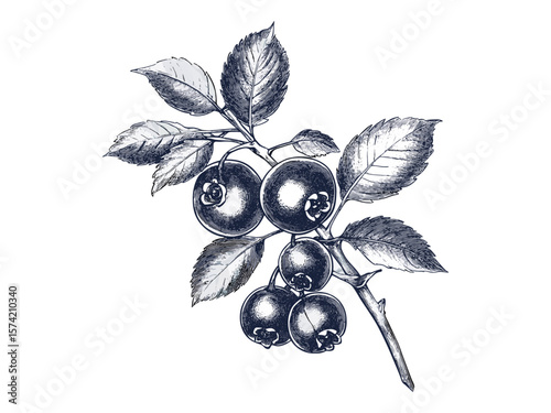Hand-drawn vintage bilberry fruit engraving, black ink sketch, retro botanical art, old engraving style, healthy food illustration, natural fruit decor, trendy plant artwork
