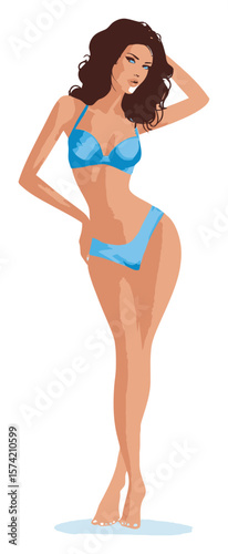 Elegant Cartoon Woman in Blue Swimsuit Posing Confidently