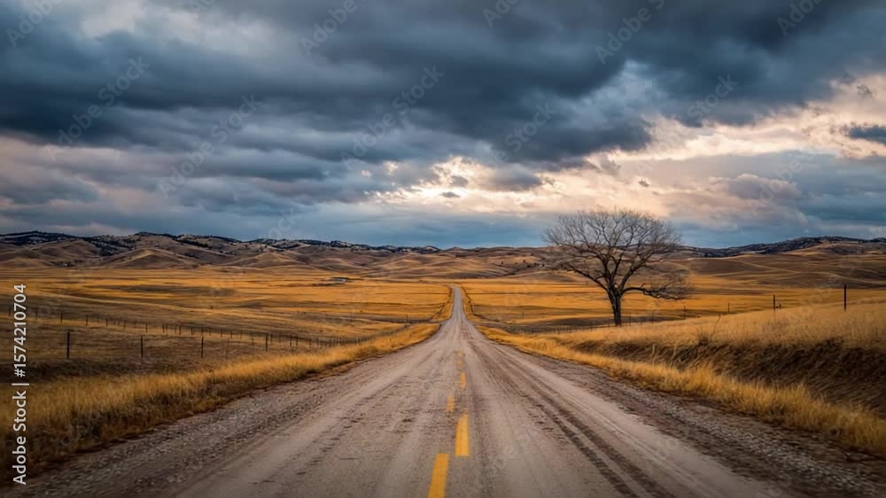 Road to the Horizon: An evocative landscape unfolds, where a lone tree stands sentinel beside a winding road stretching towards an ominous, yet captivating sky. Road to the Horizon: An evocative landscape unfolds, where a lone tree stands sentinel beside a winding road stretching towards an ominous, yet captivating sky.