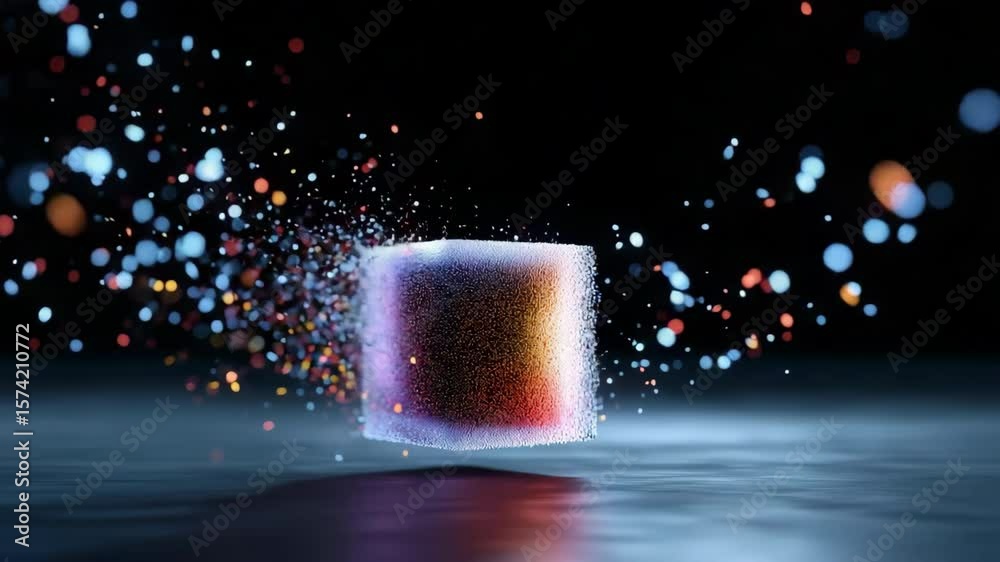A cube is shown in a blurry image with a lot of colorful sparks surrounding it. Concept of chaos and destruction, as the cube is being torn apart by the sparks. The colors of the sparks are vibrant