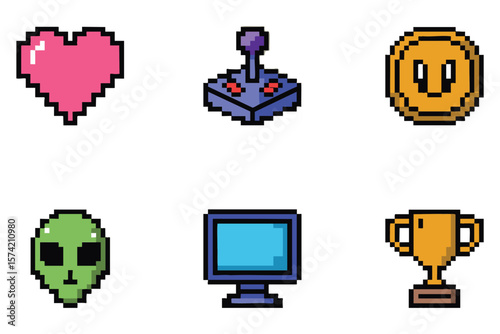Pixel Art Icons: Hearts, Controllers, Trophies, and Aliens for Game Design