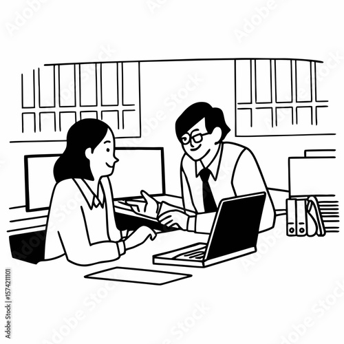 Two busy professional business people working in office with computer. Middle aged female executive manager talking to male colleague having conversation showing software online solution on laptop.