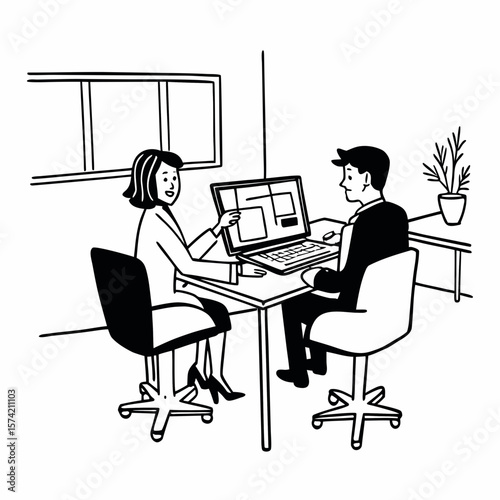 Two busy professional business people working in office with computer. Middle aged female executive manager talking to male colleague having conversation showing software online solution on laptop.