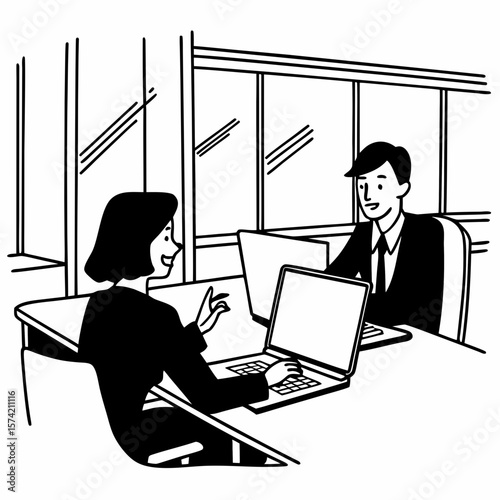 Two busy professional business people working in office with computer. Middle aged female executive manager talking to male colleague having conversation showing software online solution on laptop.