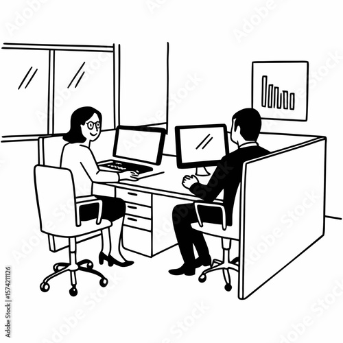 Two busy professional business people working in office with computer. Middle aged female executive manager talking to male colleague having conversation showing software online solution on laptop.