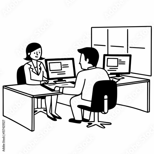 Two busy professional business people working in office with computer. Middle aged female executive manager talking to male colleague having conversation showing software online solution on laptop.