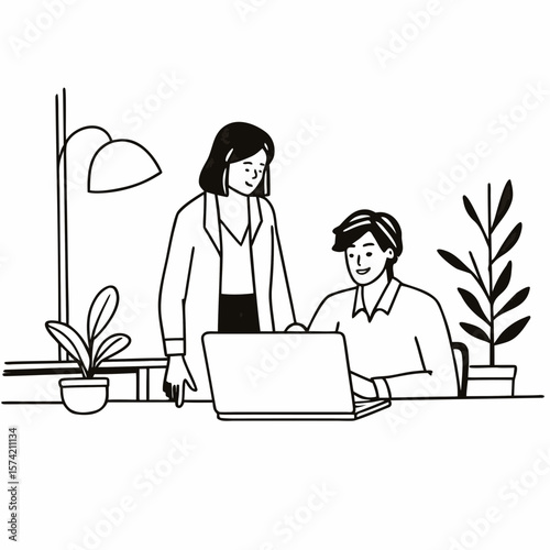 Two busy professional business people working in office with computer. Middle aged female executive manager talking to male colleague having conversation showing software online solution on laptop.